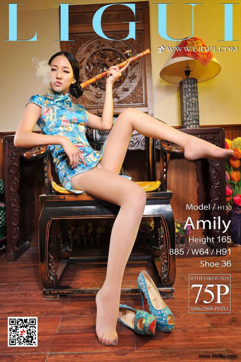 [Ligui丽柜] Model Amily – 蓝色旗袍丝足 写真套图