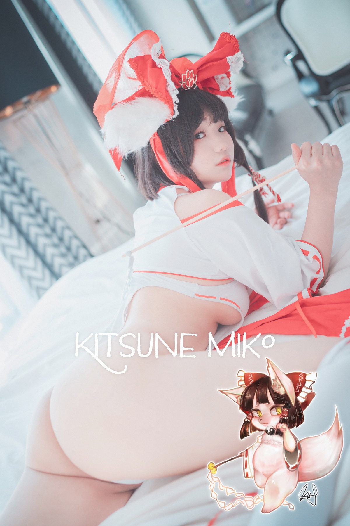 [DJAWA]No.113_模特Mimmi_Kitsune Miko主题私房性感白色高叉连体衣撩人诱惑写真65P_极品性感美女